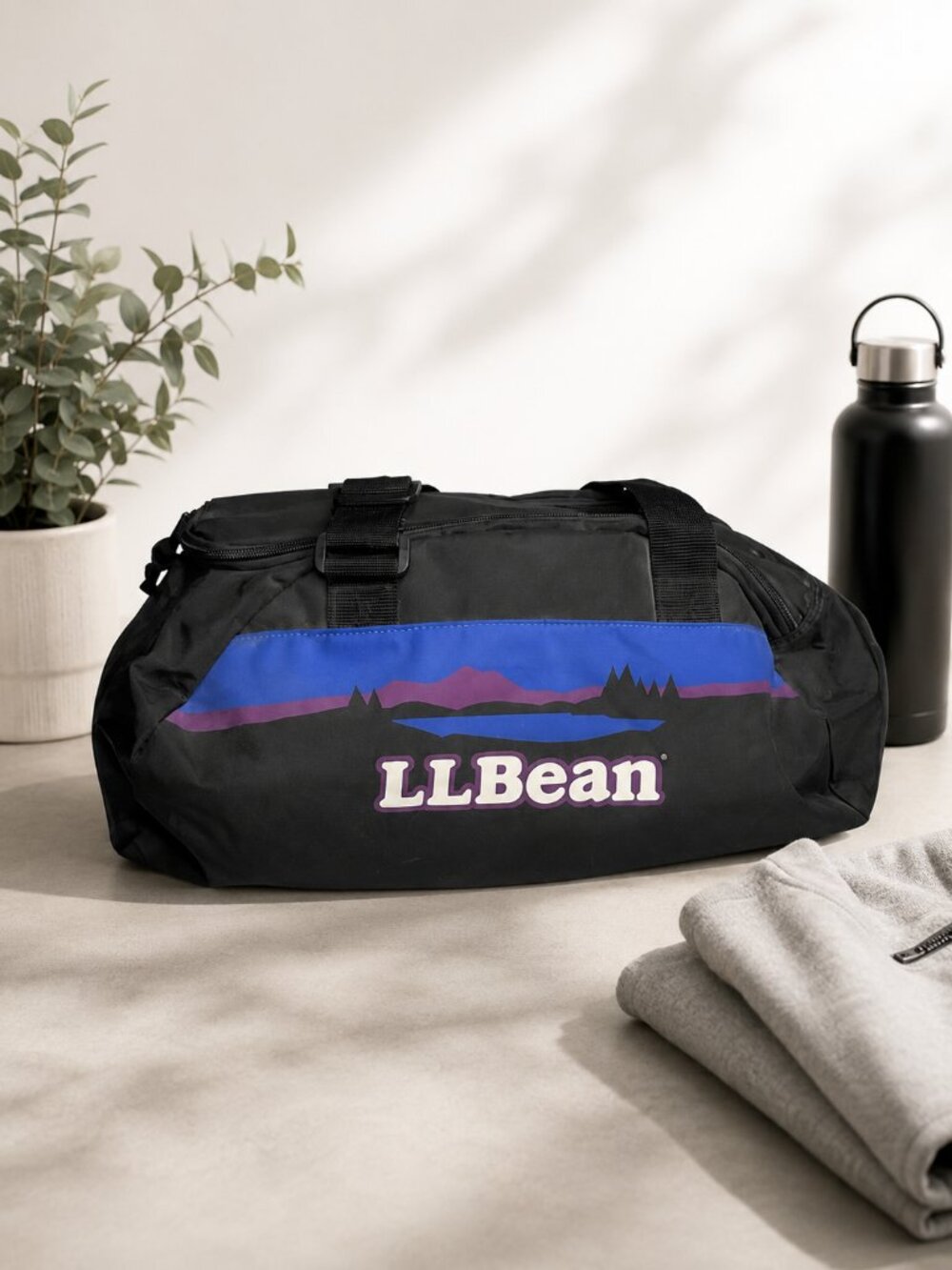 Vintage LL Bean Duffle Bag Black Purple Blue Outdoor Gym Travel Overnight Bag